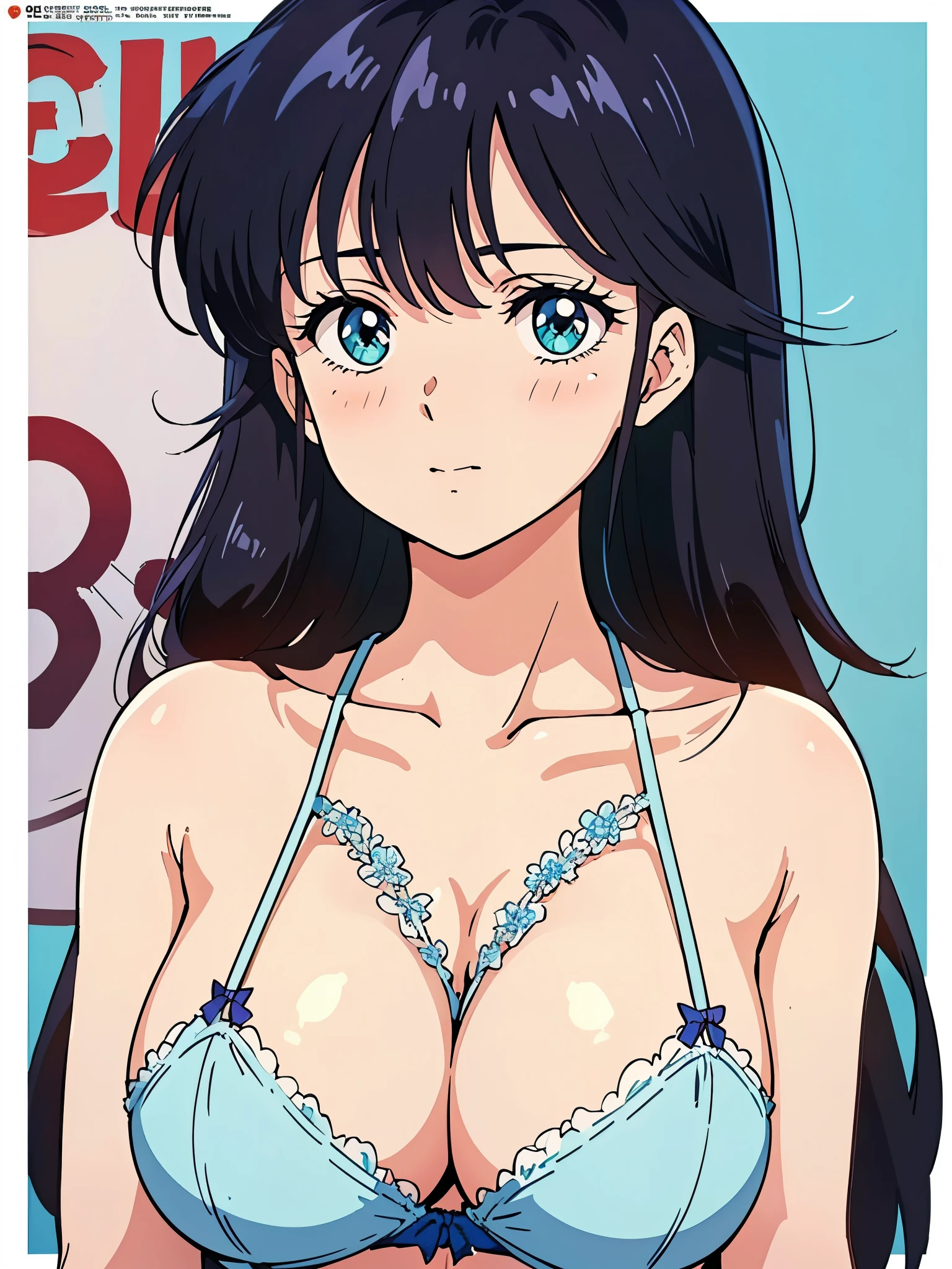 (masutepiece, Best Quality, High resolution:1.5, anime colours, megami magazine:1.2, anime poster style, anime keyvisual, sharp, 8k, photorealistic), (beautiful detailed eyes:1.5, beautiful detailed face:1.2), madoka ayukawa, 1girl, blush, (black hair, Long Hair), (sagging huge breasts), cleavage, (lingerie), upper body, (Perfect detailed Anatomy, beautiful detailed hair, beautiful detailed body:1.2, shiny skin), (thick outline, Beautiful outlines, black outlines), simple background