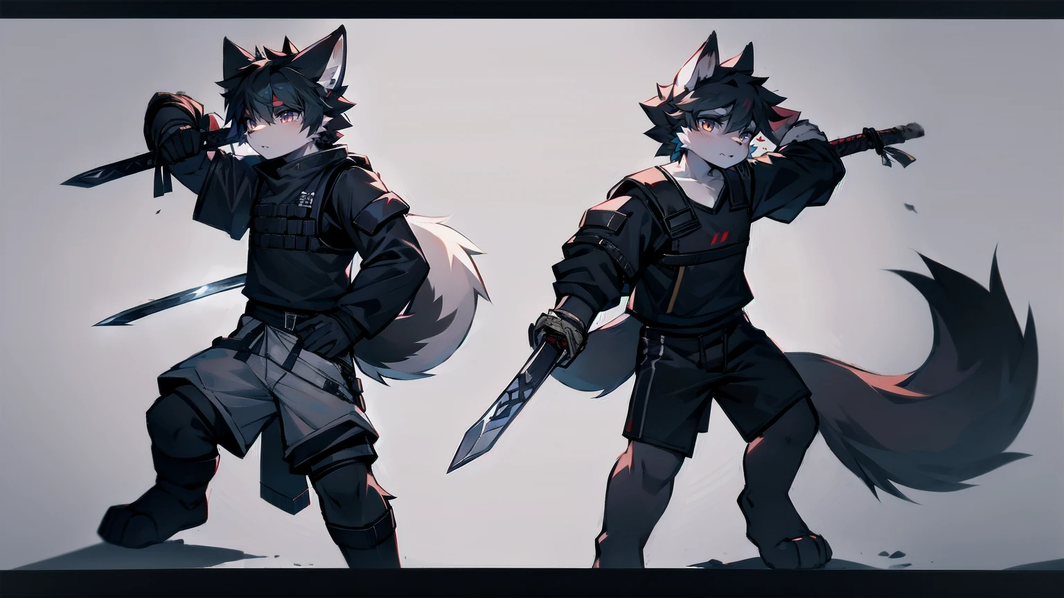 White Wolf，Black Hair，Red Eyes，Wolf ears，Wolf tail，juvenile，male，hairy，hair，Half-body armor，Combat uniform，Silver and black clothes，Handsome，Handsome，shorts，Forearm exposed，leg，Fighting Stance，duel，Two people，anxious，Holding a sword，Simple background，sword