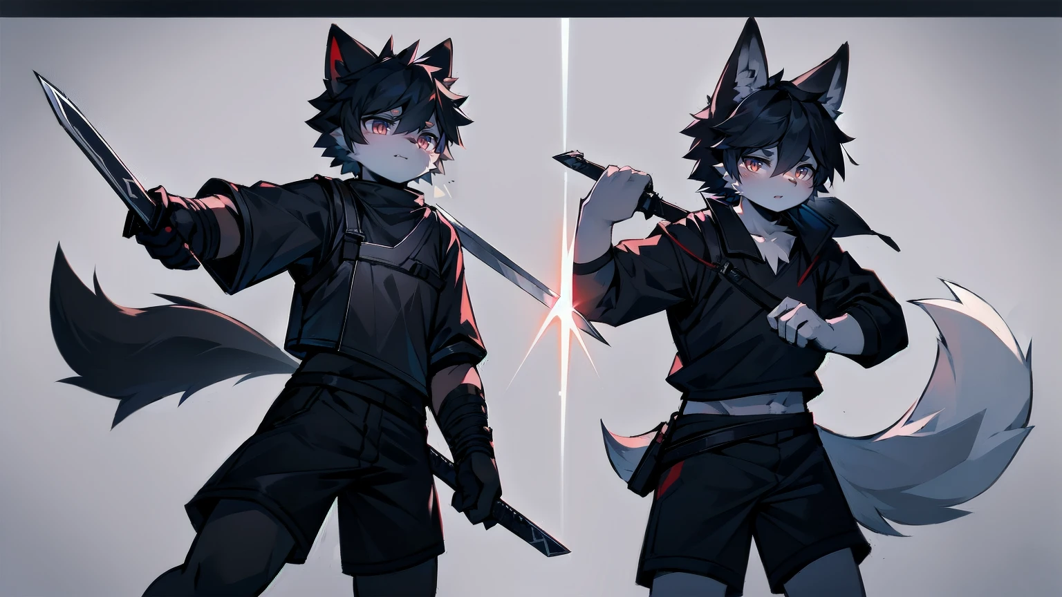 White Wolf，Black Hair，Red Eyes，Wolf ears，Wolf tail，juvenile，male，hairy，hair，Half-body armor，Combat uniform，Silver and black clothes，Handsome，Handsome，shorts，Forearm exposed，leg，Fighting Stance，duel，Two people，anxious，Holding a sword，Simple background，sword