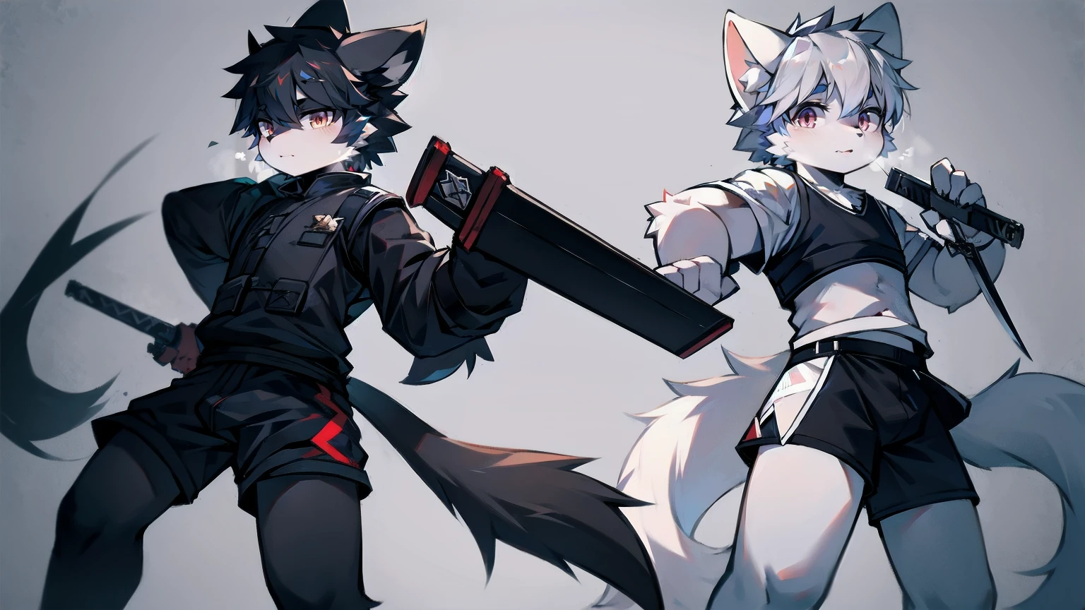 White Wolf，Black Hair，Red Eyes，Wolf ears，Wolf tail，juvenile，male，hairy，hair，Half-body armor，Combat uniform，Silver and black clothes，Handsome，Handsome，shorts，Forearm exposed，leg，Fighting Stance，duel，Two people，anxious，Holding a sword，Simple background，sword