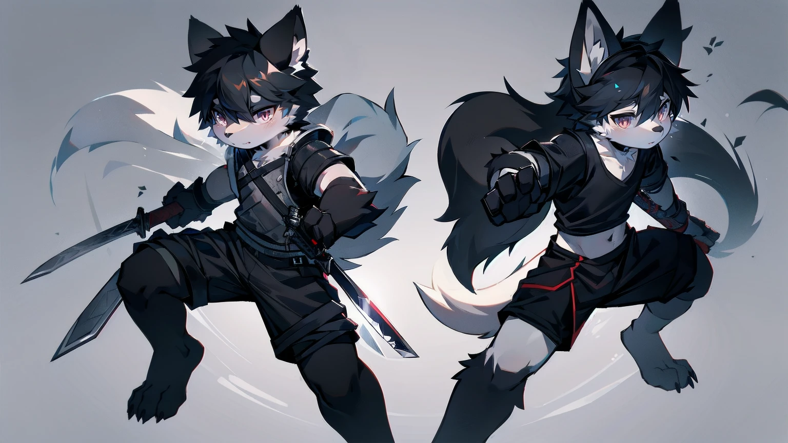 White Wolf,Black Hair,Red Eyes,Wolf ears,Wolf tail,juvenile,male,hairy,hair,Half-body armor,Combat uniform,Silver and black clothes,Handsome,Handsome,shorts,Forearm exposed,leg,Fighting Stance,duel,Two people,anxious,Holding a sword,Simple background,sword