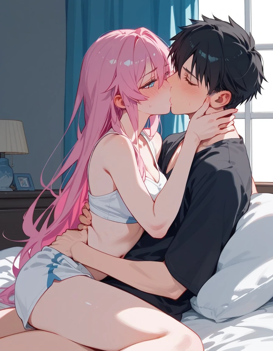 girl, Shikimori-san, Pink Hair, Long Hair, blue eyes, Hair between the eyes, bangs, blush, compensate,A little embarrassing,I feel,Horny,Sexy atmosphere,chest, View your viewers,Bare Belly,masterpiece, Highest quality,nsfw,On the bed,kiss,Kissing a man,1boy+kiss,