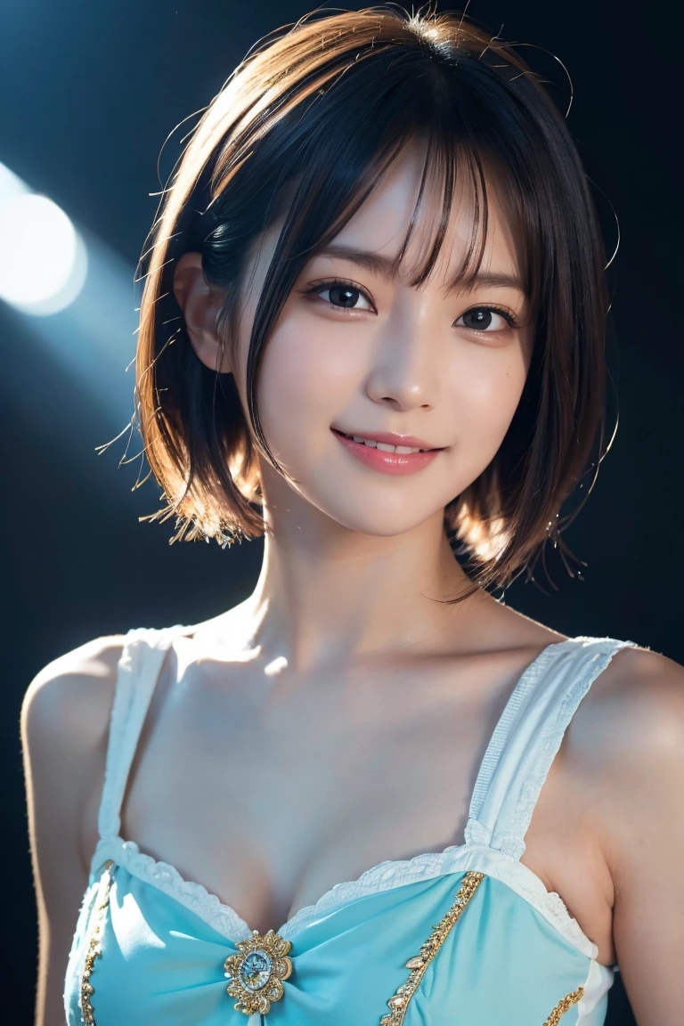 1 girl,(wearing colorful stage costume:1.2),very beautiful japanese idol portrait,close up of face,(RAW photo,best quality),(real,realistic:1.4),(masterpiece),very delicate and beautiful,very detailed,2k wallpaper,amazing,finely detailed,highly detailed CG Unity 8K wallpaper,very detailed,high resolution,soft light,beautiful detailed girl,very detailed eyes and face,beautiful refined nose,finely beautiful eyes,cinema lighting,(simple light color background:1.3),(short hair),(bob),full anatomy,slender body,small breasts,smiling,