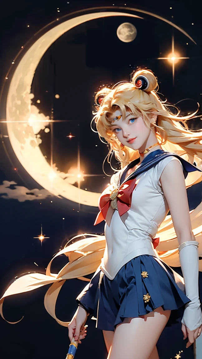 Sailor Moon, 1 Girl, blue eyes, Long blonde hair, Sailor suit, Moon Tiara, Hold the Moon Stick, Standing on the moon, Background Earth, space, star, A confident smile.
