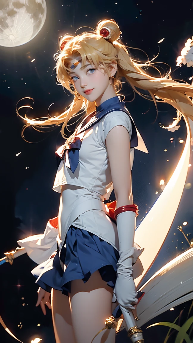 Sailor Moon, 1 Girl, blue eyes, Long blonde hair, Sailor suit, Moon Tiara, Hold the Moon Stick, Standing on the moon, Background Earth, space, star, A confident smile.