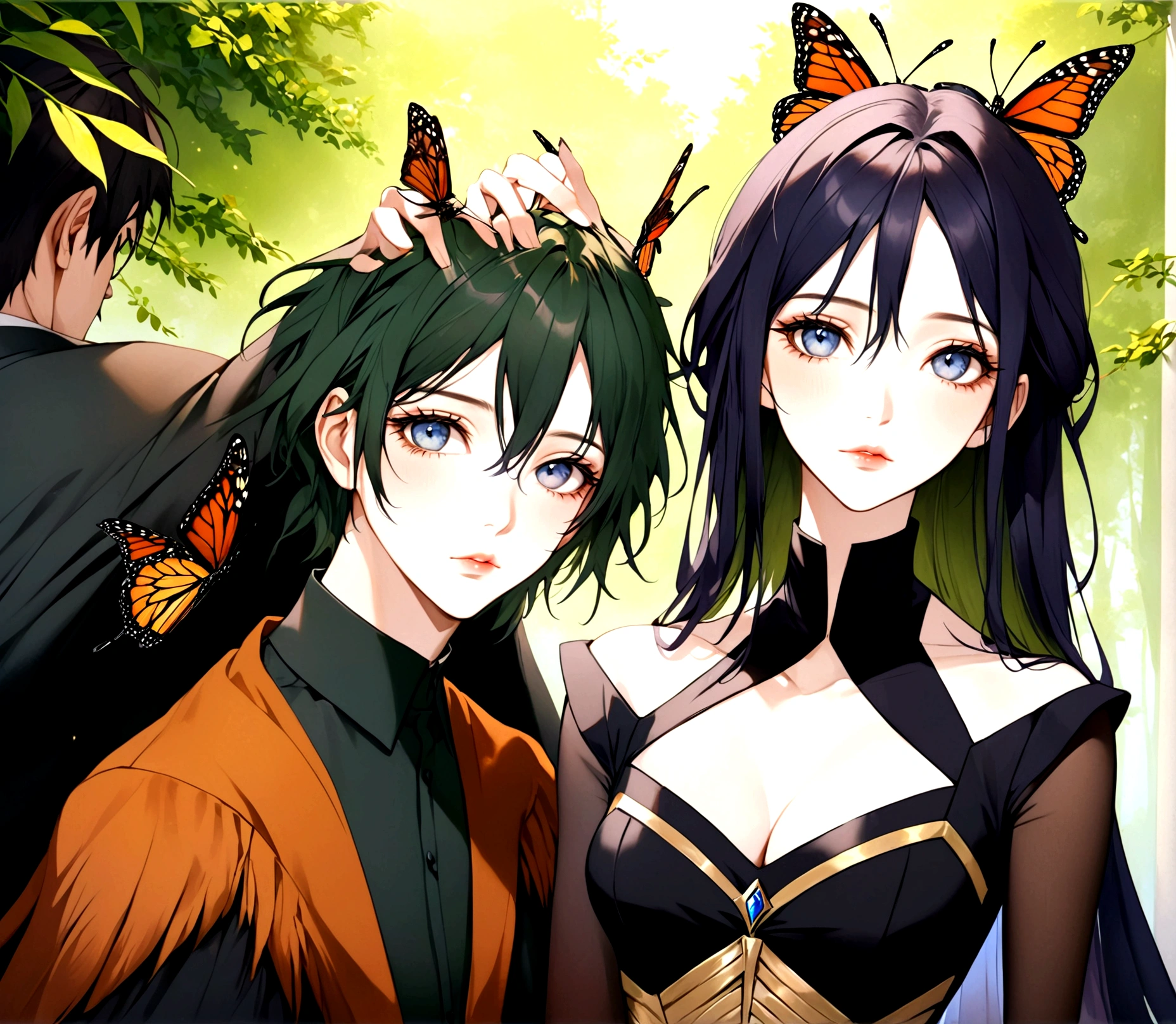 a couple, a man and a woman, monarch butterflies, detailed realistic portrait, beautiful detailed eyes, beautiful detailed lips, extremely detailed face and skin, long eyelashes, elegant formal dress, romantic soft lighting, warm color tones, cinematic composition, photorealistic, 8k, high resolution, masterpiece, digital art