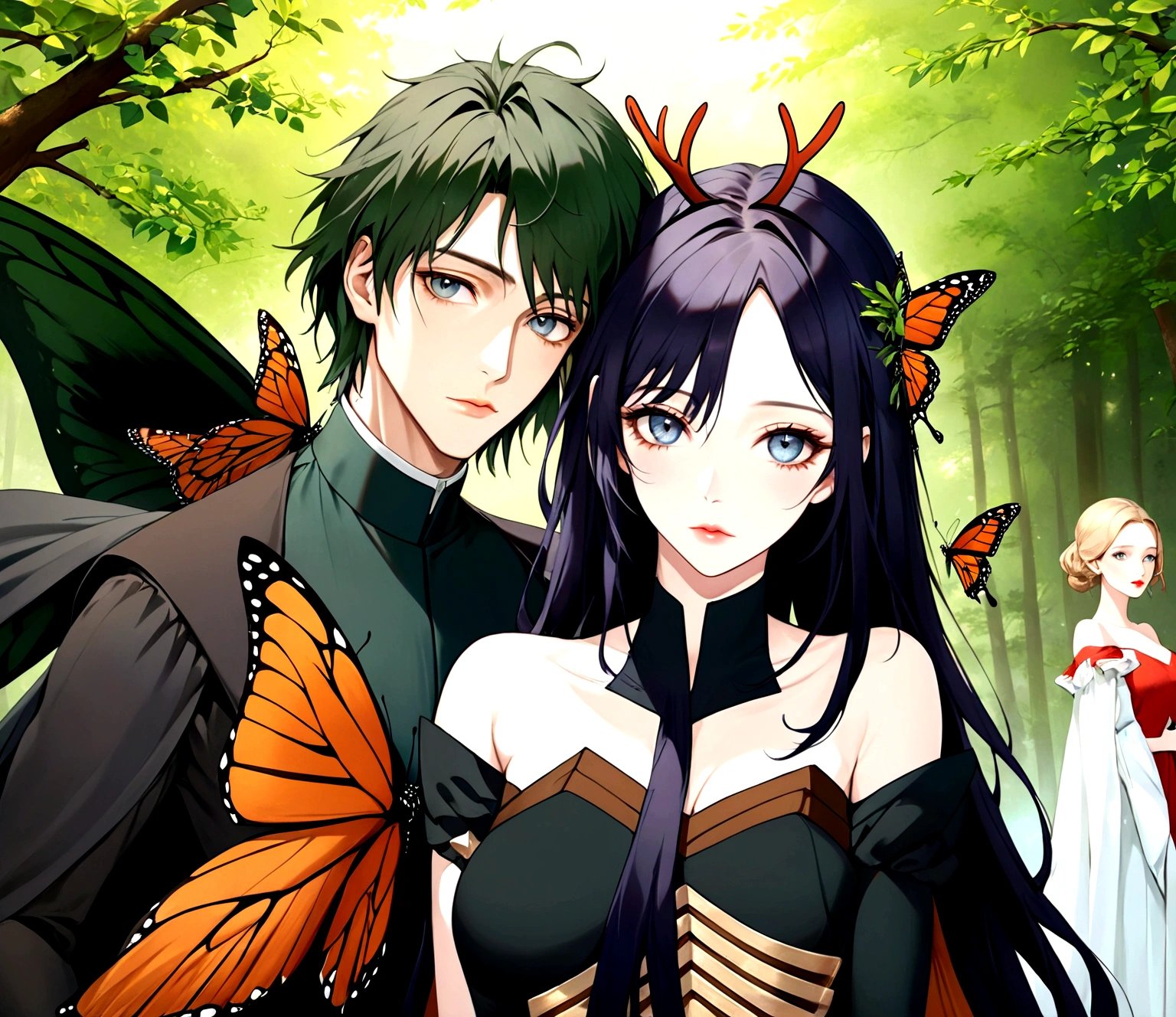 a couple, a man and a woman, monarch butterflies, detailed realistic portrait, beautiful detailed eyes, beautiful detailed lips, extremely detailed face and skin, long eyelashes, elegant formal dress, romantic soft lighting, warm color tones, cinematic composition, photorealistic, 8k, high resolution, masterpiece, digital art