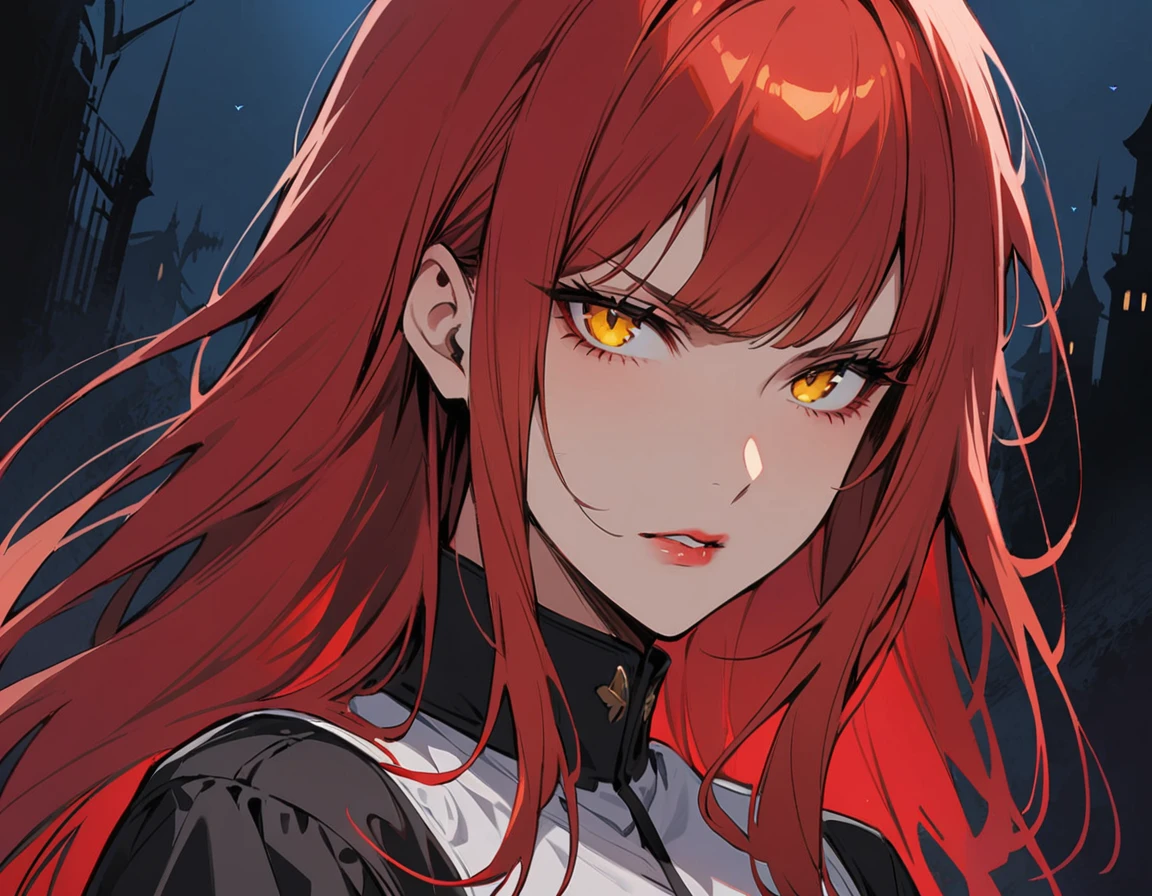 Long red hair, yellow eyes, evil, sexy, black and red clothes, cute hairstyle, evil face, evil, serious look, gloss lips, sinister, front look, bloody, gloves, close up, portrait, beautiful eyes, short dress, big white, dark place, night, sensual, straight hair cut, clear skin, evil, young 30 years girl, adult girl, solo, red, very long hair, (((Older mature woman)))