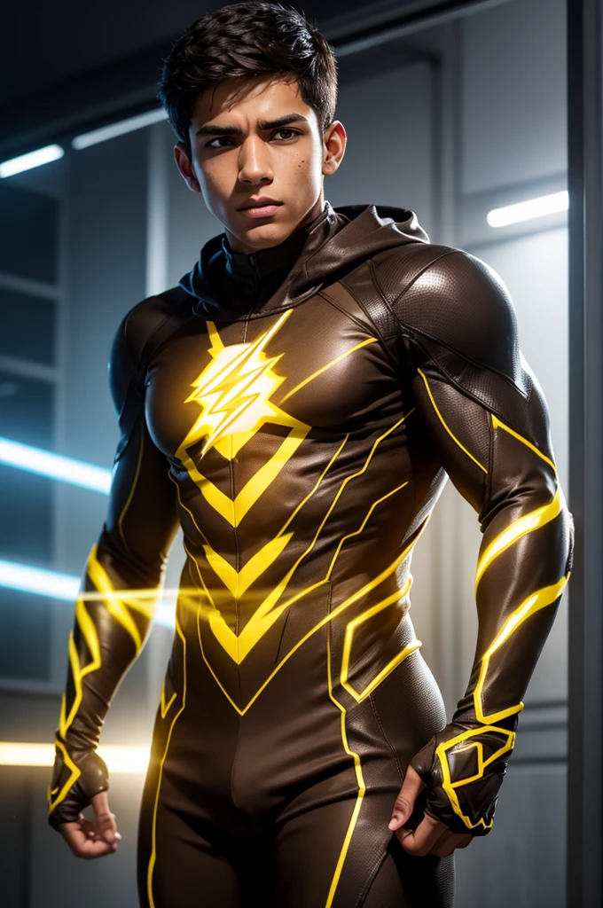 Create an image of a 17-year-old brown man wearing the Reverse Flash costume from the series.