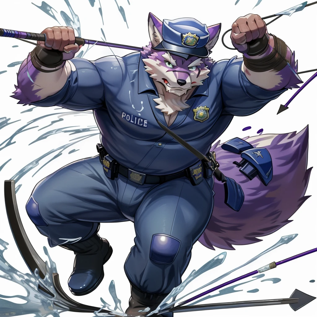 anthro, kemono, male, solo, (((anthro fox))), (((purple fox))), (((purple fur))), purple hair, green eyes, beard, white eyebrows, mature, muscular, (((beard))), white background, hold a bow, archer, ((((policeman, police outfit, police cap))), full body, splash art, (((action pose))), archery pose, shoot an arrow,