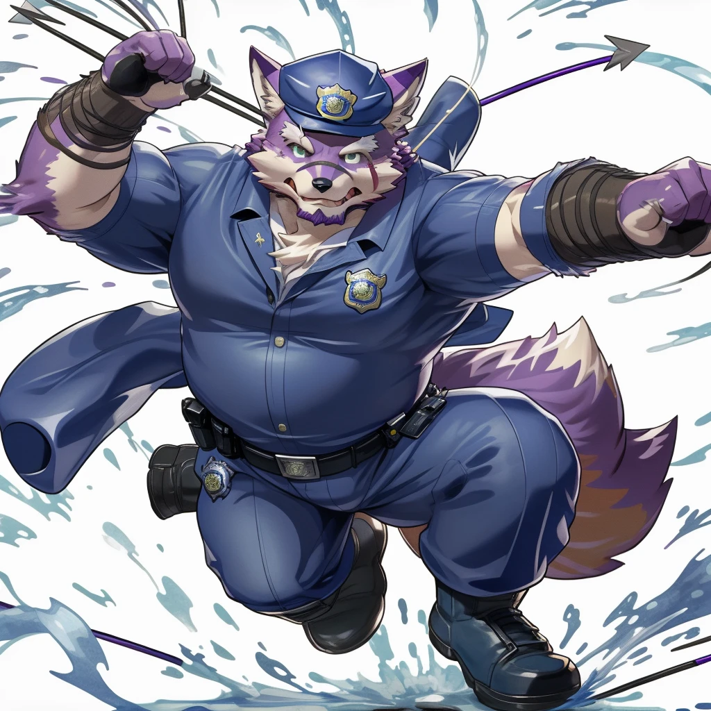 anthro, kemono, male, solo, (((anthro fox))), (((purple fox))), (((purple fur))), purple hair, green eyes, beard, white eyebrows, mature, muscular, (((beard))), white background, hold a bow, archer, ((((policeman, police outfit, police cap))), full body, splash art, (((action pose))), archery pose, shoot an arrow,