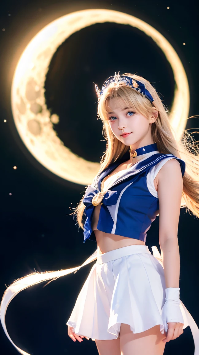 Sailor Moon, 1 Girl, blue eyes, Long blonde hair, Sailor suit, Moon Tiara, Hold the Moon Stick, Standing on the moon, Background Earth, space, star, A confident smile、Cleavage