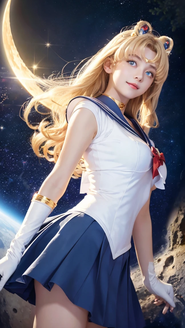 Sailor Moon, 1 Girl, blue eyes, Long blonde hair, Sailor suit, Moon Tiara, Hold the Moon Stick, Standing on the moon, Background Earth, space, star, A confident smile、Cleavage
