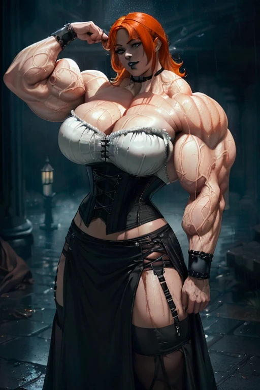 (((((Massive, beautiful, buff, wet, pale white skinned muscular woman with orange hair, black lipstick, ginormous bulky muscles and wearing a gothic corset with a beautiful long gothic skirt))))), (close view), massive muscles, hyper muscles, long shaggy hair, ((black gothic corset)), ((beautiful long gothic skirt)), green eyes, choker, (spiked gauntlets), black boots, (in a rainstorm Darkened city), ((Dark and moody universe:1.3)), close smile, night, massive arms