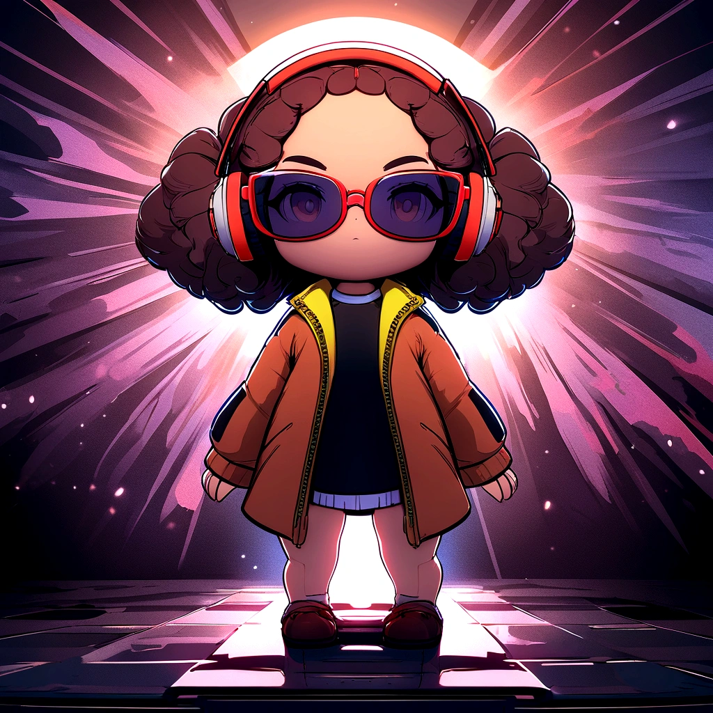 Perfect centering, Cute brown baby poodle, Wearing a student jacket, Wear sunglasses, Wearing headphones, Standing position, Abstract Beauty, Centered, Looking into the camera, To the camera, Near perfect, dynamic, Moonlight glow, Very detailed, Digital Painting, artステーション, コンセプトart, Silky, Sharp focus, 8K, High resolution, figure, art:Carne Griffith、Vadim Kashin,