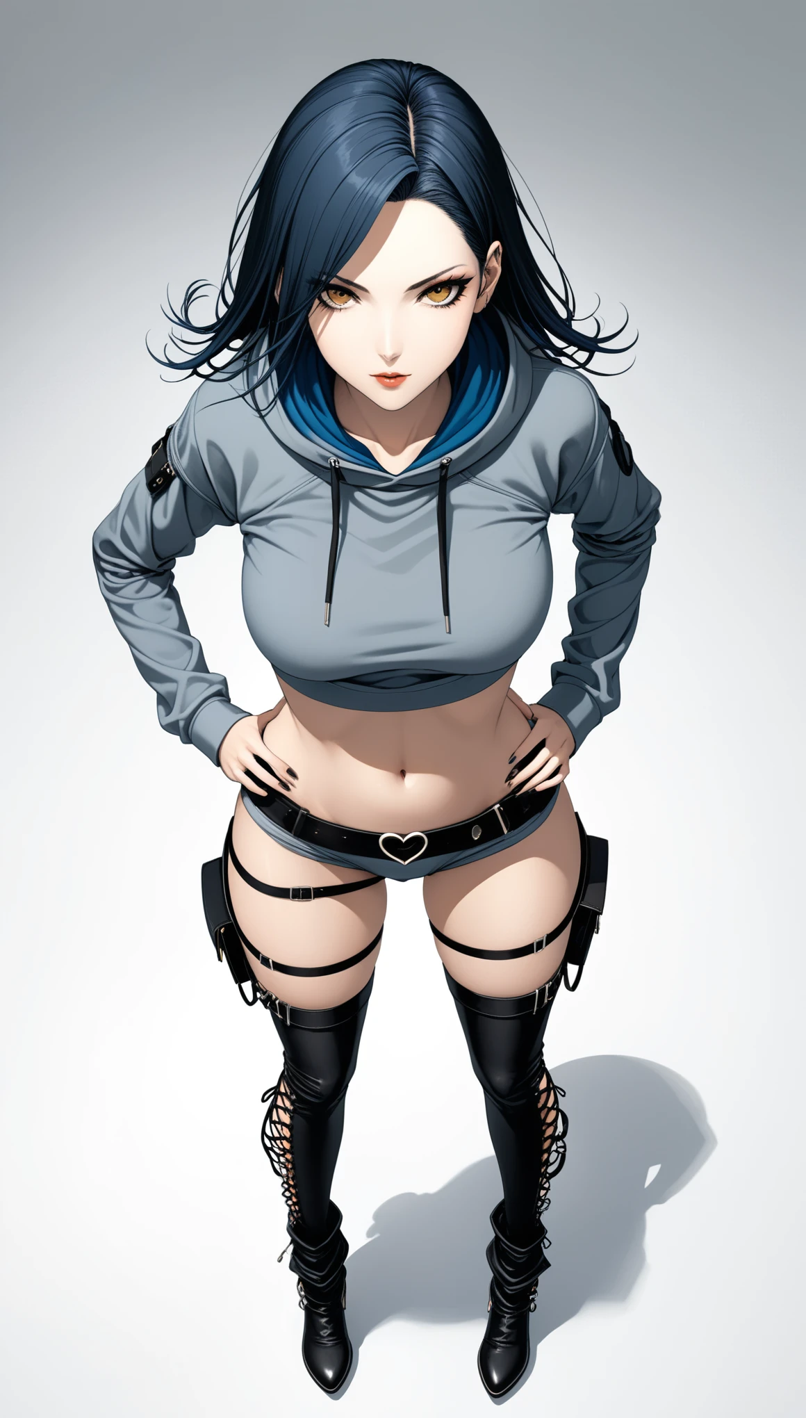 in style of Santiago Caruso,
1girl,fullbody ,stand,long straight black hair,gray sweatshirt,heart ring thigh_strap,oversize leg warmers,(hands_on_hips:1.5),(dynamic action,wide angle,from_above:1.6),white background,dynamic action,blue colored inner hair,breasts cutout