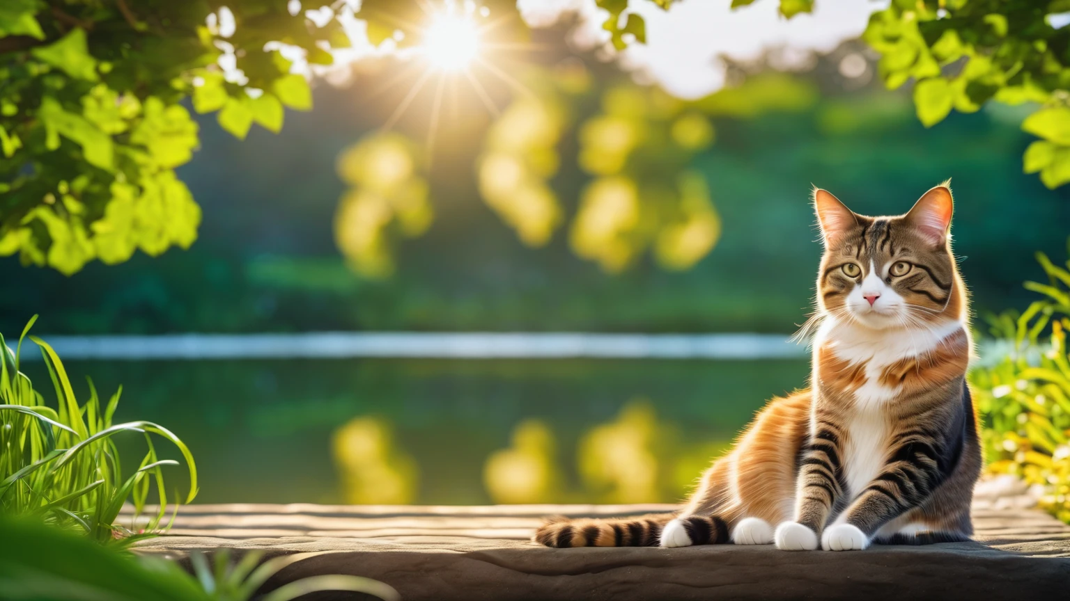 a cat meditating in a peaceful park, detailed portrait, realistic cat eye intricate details, (best quality,4k,8k,highres,masterpiece:1.2),ultra-detailed,(realistic,photorealistic,photo-realistic:1.37),HDR,UHD,studio lighting,ultra-fine painting,sharp focus,physically-based rendering,extreme detail description,professional,vivid colors,bokeh,landscape,natural lighting,sunlight filtering through trees,lush greenery,tranquil pond,calming atmosphere,serene expression,crossed legs,hands resting on knees,deep meditation