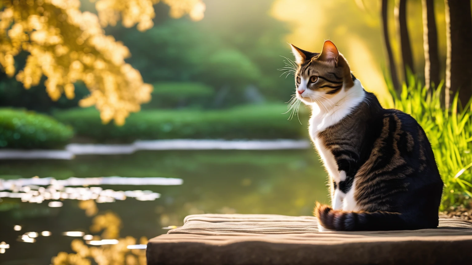 a cat meditating in a peaceful park, detailed portrait, realistic cat eye intricate details, (best quality,4k,8k,highres,masterpiece:1.2),ultra-detailed,(realistic,photorealistic,photo-realistic:1.37),HDR,UHD,studio lighting,ultra-fine painting,sharp focus,physically-based rendering,extreme detail description,professional,vivid colors,bokeh,landscape,natural lighting,sunlight filtering through trees,lush greenery,tranquil pond,calming atmosphere,serene expression,crossed legs,hands resting on knees,deep meditation