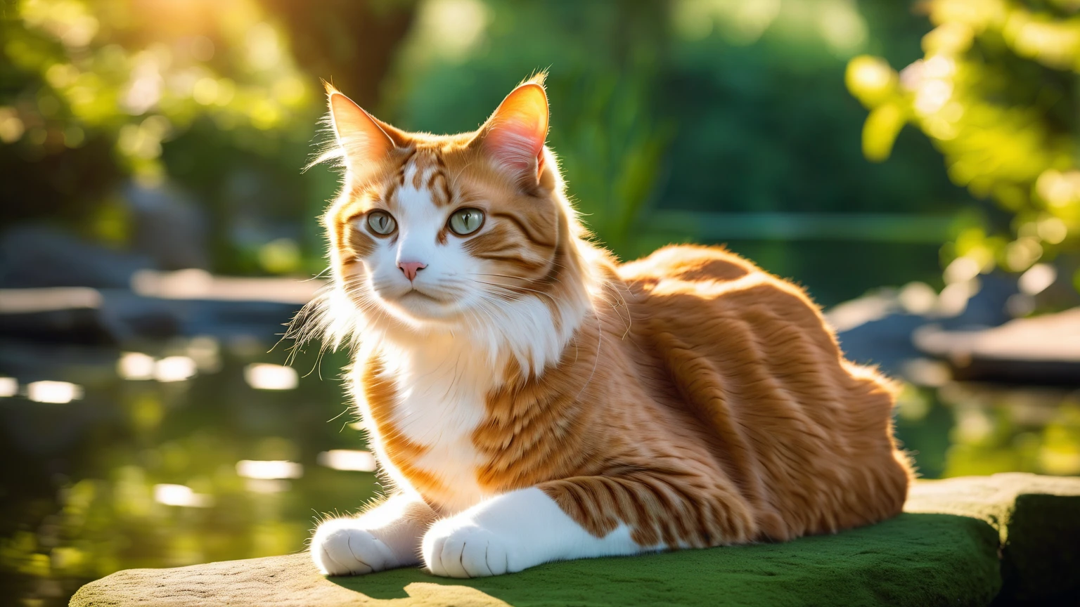 a cat meditating in a peaceful park, detailed portrait, realistic cat eye intricate details, (best quality,4k,8k,highres,masterpiece:1.2),ultra-detailed,(realistic,photorealistic,photo-realistic:1.37),HDR,UHD,studio lighting,ultra-fine painting,sharp focus,physically-based rendering,extreme detail description,professional,vivid colors,bokeh,landscape,natural lighting,sunlight filtering through trees,lush greenery,tranquil pond,calming atmosphere,serene expression,crossed legs,hands resting on knees,deep meditation