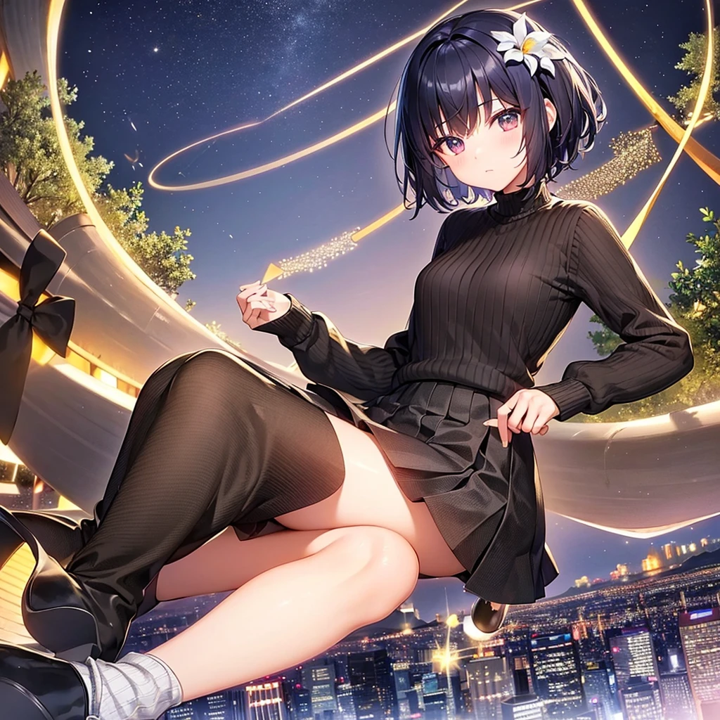 Highest quality、whole body、Black Hair、iris、short hair、girl、cute、、、Small hair ornament、1 person、Long sleeve sweater、Long skirt、Shoes Boots、Night view from the summit、Admire the night view