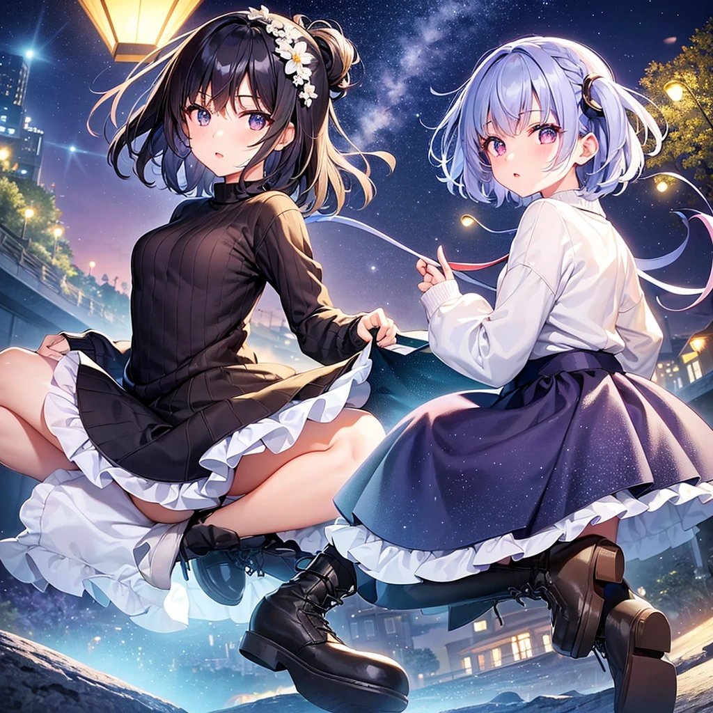 Highest quality、whole body、Black Hair、iris、short hair、girl、cute、16 years old、、Small hair ornament、1 person、Long sleeve sweater、Long skirt、Shoes Boots、Night view from the summit、Admire the night view