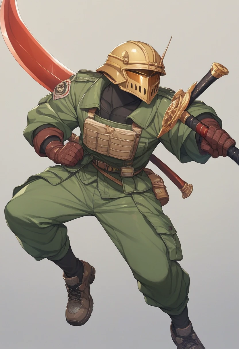 Um homem com uma armadura dourada robusta e pesada com detalhes em dourados, holding a large sword in combat position, with a black Templar helmet with gold details.