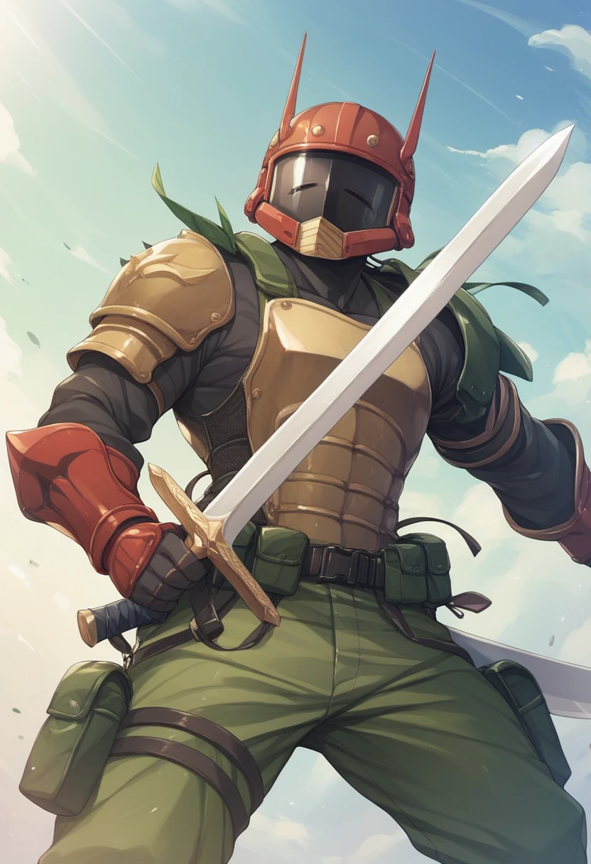 Um homem com uma armadura dourada robusta e pesada com detalhes em dourados, holding a large sword in combat position, with a black Templar helmet with gold details.