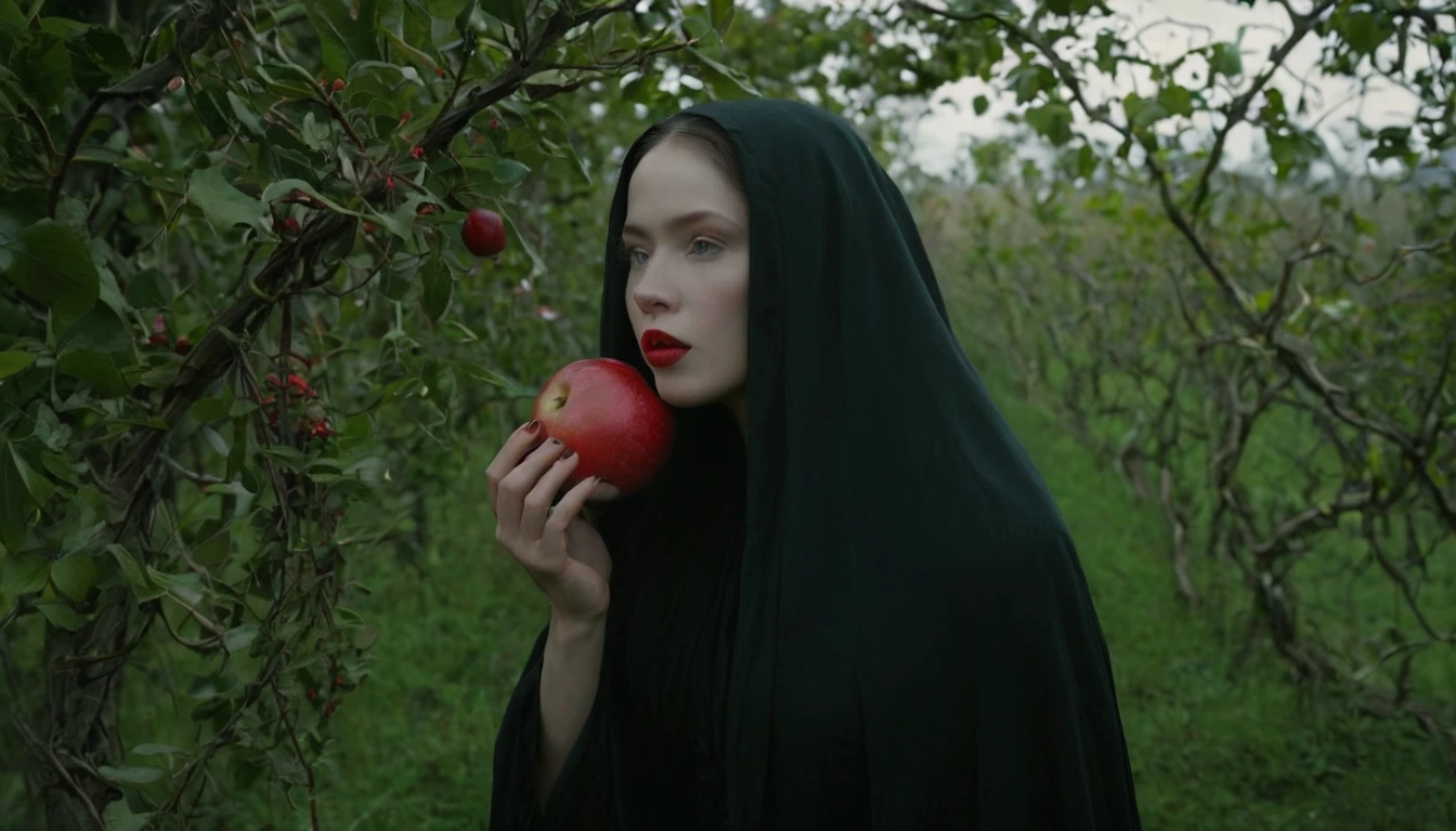 ความงามสยองขวัญ B-Movie, A strong Florentine woman adorned with flowers and vines., about to eat a red apple, Appear as one with nature in mystical portraits., light color, Amazing background. Dark and Moody, A mesmerizing combination of light and shadow.. Masterpiece, nonsense, complicated details