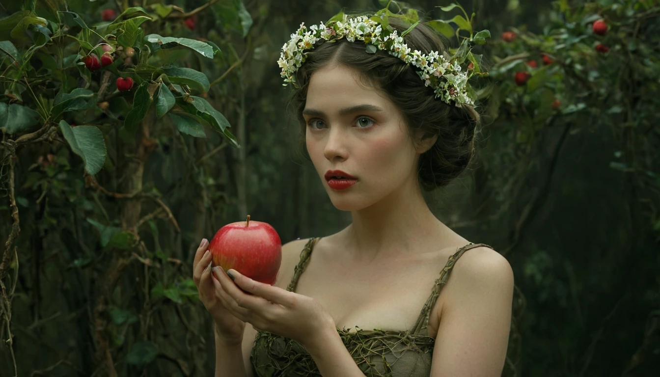 ความงามสยองขวัญ B-Movie, A strong Florentine woman adorned with flowers and vines., about to eat a red apple, Appear as one with nature in mystical portraits., light color, Amazing background. Dark and Moody, A mesmerizing combination of light and shadow.. Masterpiece, nonsense, complicated details