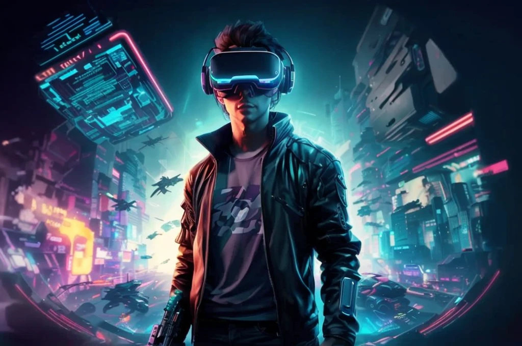 a man in a black jacket and glasses stands in front of a futuristic city, vr game, cyberpunk vibe, cyberpunk vibes, deeper into the metaverse we go, has cyberpunk style, cyberpunk theme, in cyber punk 2077, cyberpunk futuristic, cyberpunk future, synthwave, wearing cyberpunk streetwear, futuristic cyberpunk, cyberpunk tech, retro cyberpunk, synthwave style for tshirt design