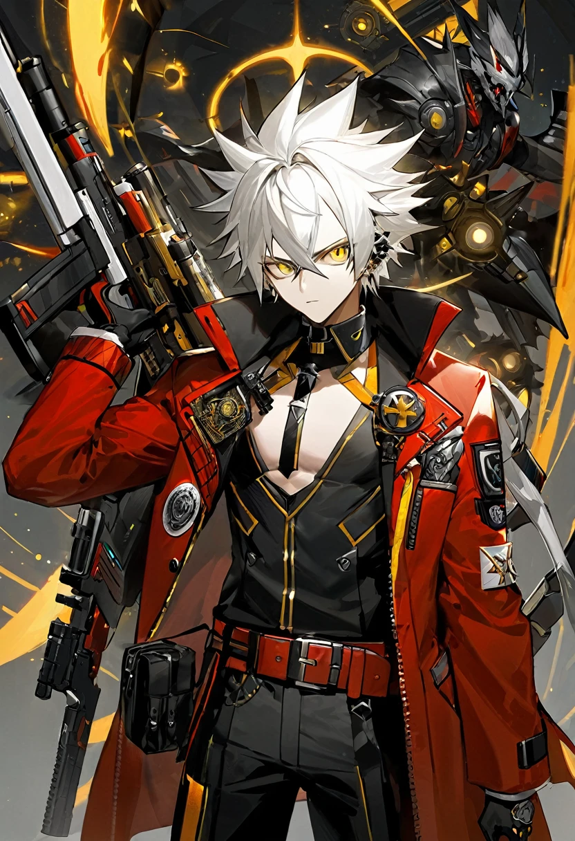 He has spiky, white hair that adds to his dynamic appearance. He wears a futuristic, black and gray mask with yellow glowing eyes, giving him a menacing and high-tech look.
Outfit: He is dressed in a red jacket with various patches and symbols, including the word "KID" on the sleeve. The jacket is partially unzipped, revealing a form-fitting, armored suit underneath. The suit features a mix of black, white, and gold elements, emphasizing both protection and style.
Accessories: He has a large belt with studs and a chain, adding to his edgy and rebellious aesthetic. He also has gloves that match his suit, enhancing his combat-ready appearance.
Weapon: He is holding a large shotgun with intricate designs, showing he is equipped for battle. The shotgun is black with some inscriptions on it, adding to its uniqueness.