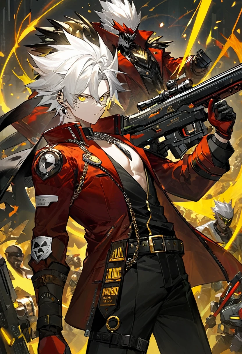 He has spiky, white hair that adds to his dynamic appearance. He wears a futuristic, black and gray mask with yellow glowing eyes, giving him a menacing and high-tech look.

Outfit: He is dressed in a red jacket with various patches and symbols, including the word "???" on the sleeve. The jacket is partially unzipped, revealing a form-fitting, armored suit underneath. The suit features a mix of black, white, and gold elements, emphasizing both protection and style.

Accessories: He has a large belt with studs and a chain, adding to his edgy and rebellious aesthetic. He also has gloves that match his suit, enhancing his combat-ready appearance.

Weapon: He is holding a large shotgun with intricate designs, showing he is equipped for battle. The shotgun is black with some inscriptions on it, adding to its uniqueness.