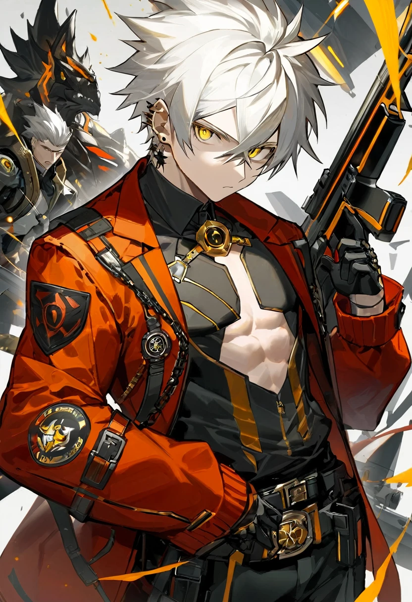 He has spiky, white hair that adds to his dynamic appearance. He wears a futuristic, black and gray mask with yellow glowing eyes, giving him a menacing and high-tech look.

Outfit: He is dressed in a red jacket with various patches and symbols, including the word "KID" on the sleeve. The jacket is partially unzipped, revealing a form-fitting, armored suit underneath. The suit features a mix of black, white, and gold elements, emphasizing both protection and style.

Accessories: He has a large belt with studs and a chain, adding to his edgy and rebellious aesthetic. He also has gloves that match his suit, enhancing his combat-ready appearance.

Weapon: He is holding a large shotgun with intricate designs, showing he is equipped for battle. The shotgun is black with some inscriptions on it, adding to its uniqueness.