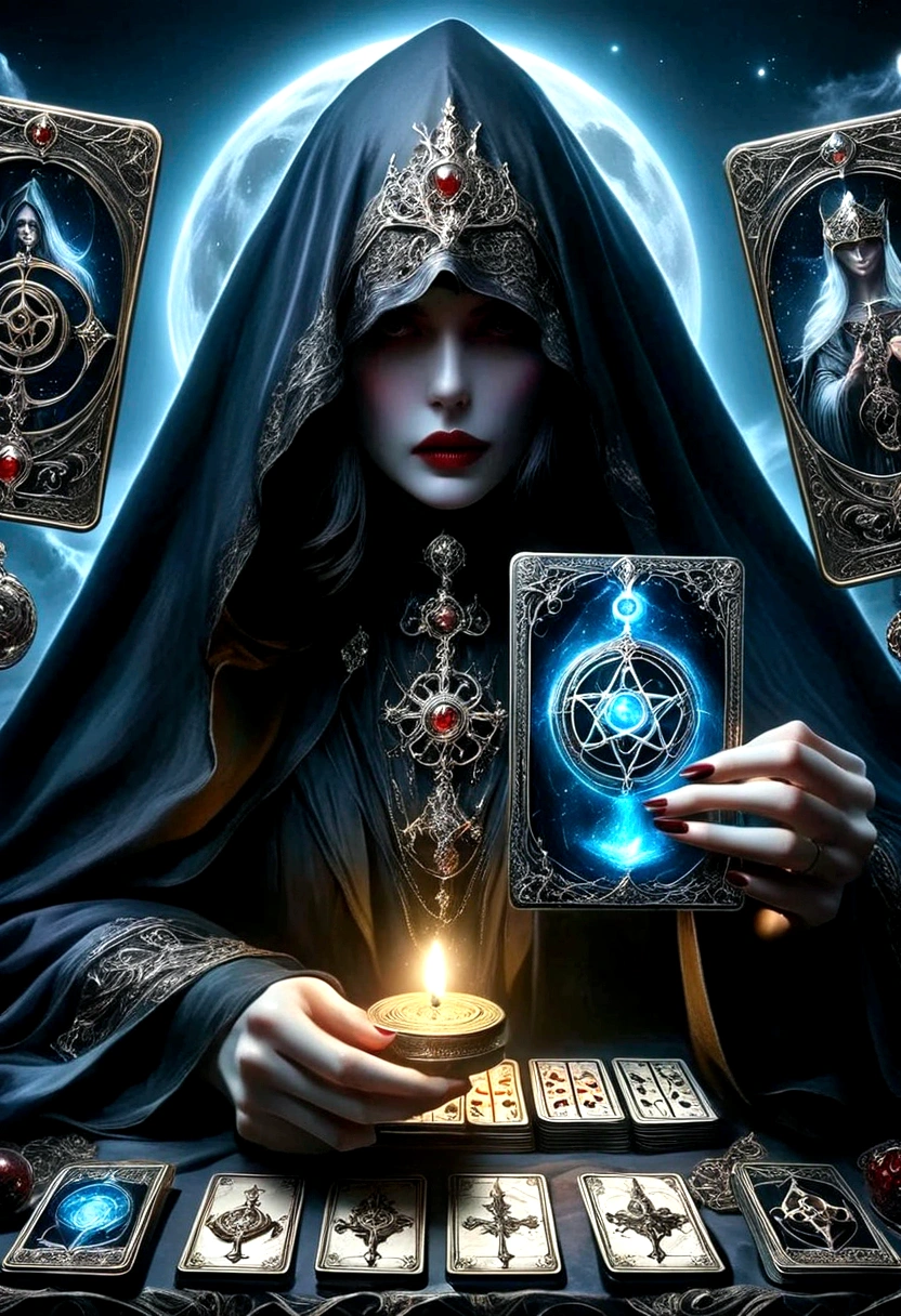 Astrologer，Metal photo frame，card，tarot cards：1.37.Mysterious fortune teller in cloak，Finger taps an array of tarot cards in the air，Mystical symbols and elements，Ancient mysterious atmosphere，Realistic illustration details，A work full of vitality and energy，Dark Style，Gothic style