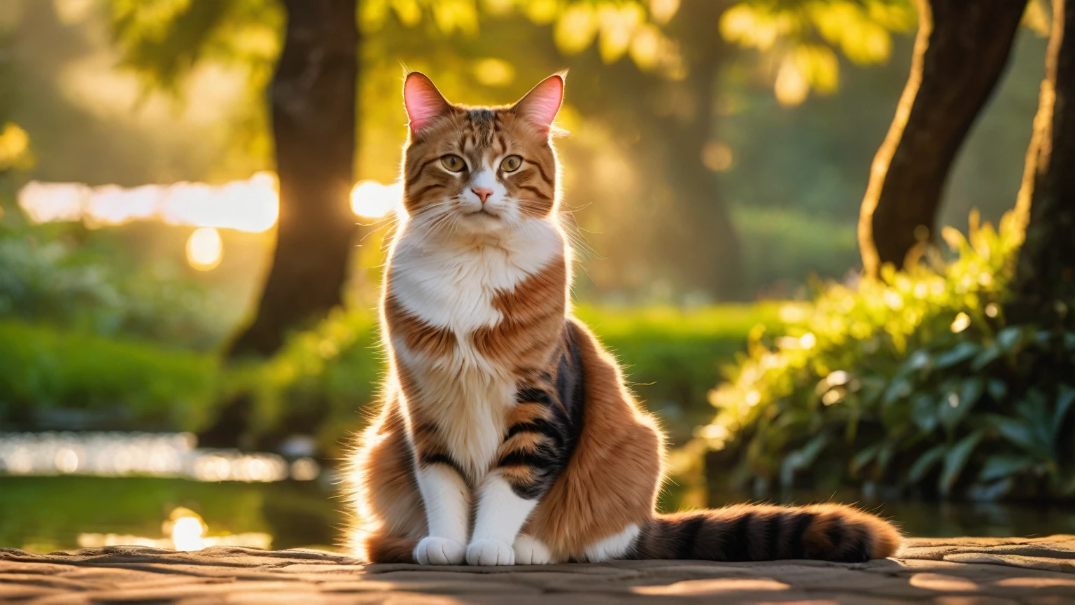 a cat meditating in a peaceful park, detailed portrait, realistic cat eye intricate details, (best quality,4k,8k,highres,masterpiece:1.2),ultra-detailed,(realistic,photorealistic,photo-realistic:1.37),HDR,UHD,studio lighting,ultra-fine painting,sharp focus,physically-based rendering,extreme detail description,professional,vivid colors,bokeh,landscape,natural lighting,sunlight filtering through trees,lush greenery,tranquil pond,calming atmosphere,serene expression,crossed legs,hands resting on knees,deep meditation