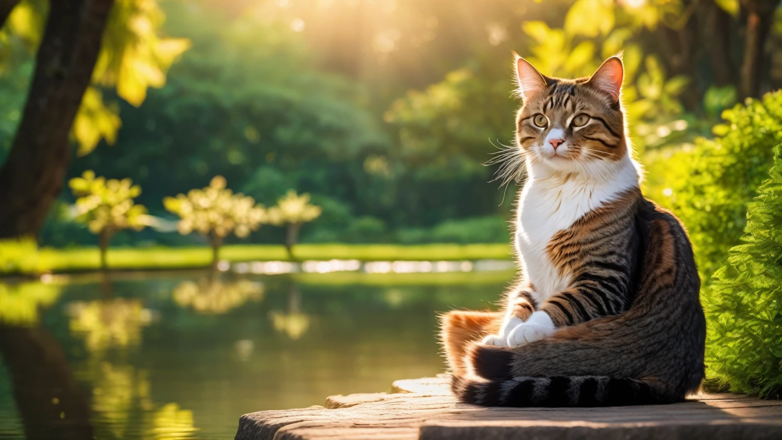 a cat meditating in a peaceful park, detailed portrait, realistic cat eye intricate details, (best quality,4k,8k,highres,masterpiece:1.2),ultra-detailed,(realistic,photorealistic,photo-realistic:1.37),HDR,UHD,studio lighting,ultra-fine painting,sharp focus,physically-based rendering,extreme detail description,professional,vivid colors,bokeh,landscape,natural lighting,sunlight filtering through trees,lush greenery,tranquil pond,calming atmosphere,serene expression,crossed legs,hands resting on knees,deep meditation