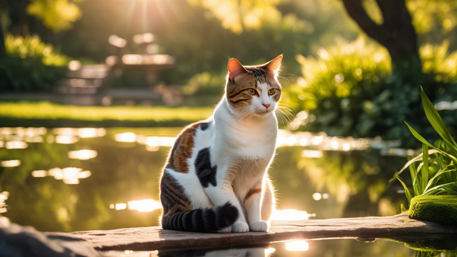 a cat meditating in a peaceful park, detailed portrait, realistic cat eye intricate details, (best quality,4k,8k,highres,masterpiece:1.2),ultra-detailed,(realistic,photorealistic,photo-realistic:1.37),HDR,UHD,studio lighting,ultra-fine painting,sharp focus,physically-based rendering,extreme detail description,professional,vivid colors,bokeh,landscape,natural lighting,sunlight filtering through trees,lush greenery,tranquil pond,calming atmosphere,serene expression,crossed legs,hands resting on knees,deep meditation