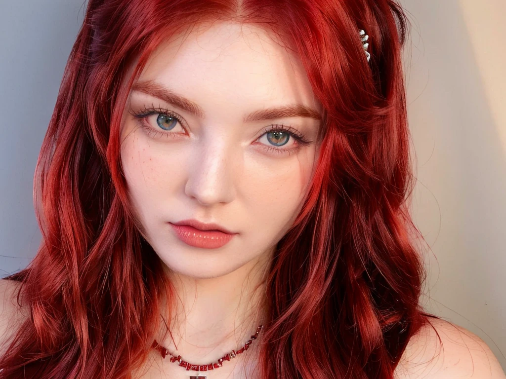 there is a woman With red hair and a necklace on, crimson red hair and red eyes, with long hair and piercing eyes, red wig, With red hair, anime girl in real life, with long red hair, red contact lenses, pale red, With red hair and green eyes, dyed red hair, realistic cosplay, red contacts, crimson hair, Sakimichan