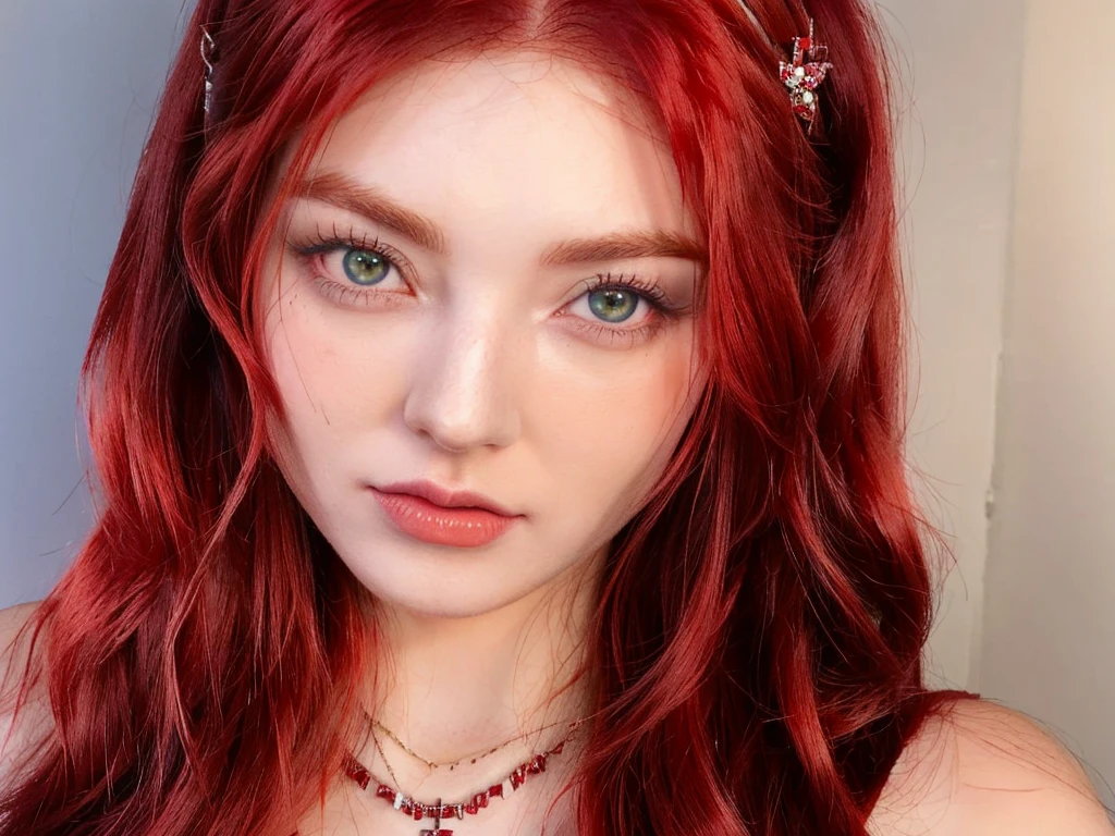 there is a woman With red hair and a necklace on, crimson red hair and red eyes, with long hair and piercing eyes, red wig, With red hair, anime girl in real life, with long red hair, red contact lenses, pale red, With red hair and green eyes, dyed red hair, realistic cosplay, red contacts, crimson hair, Sakimichan