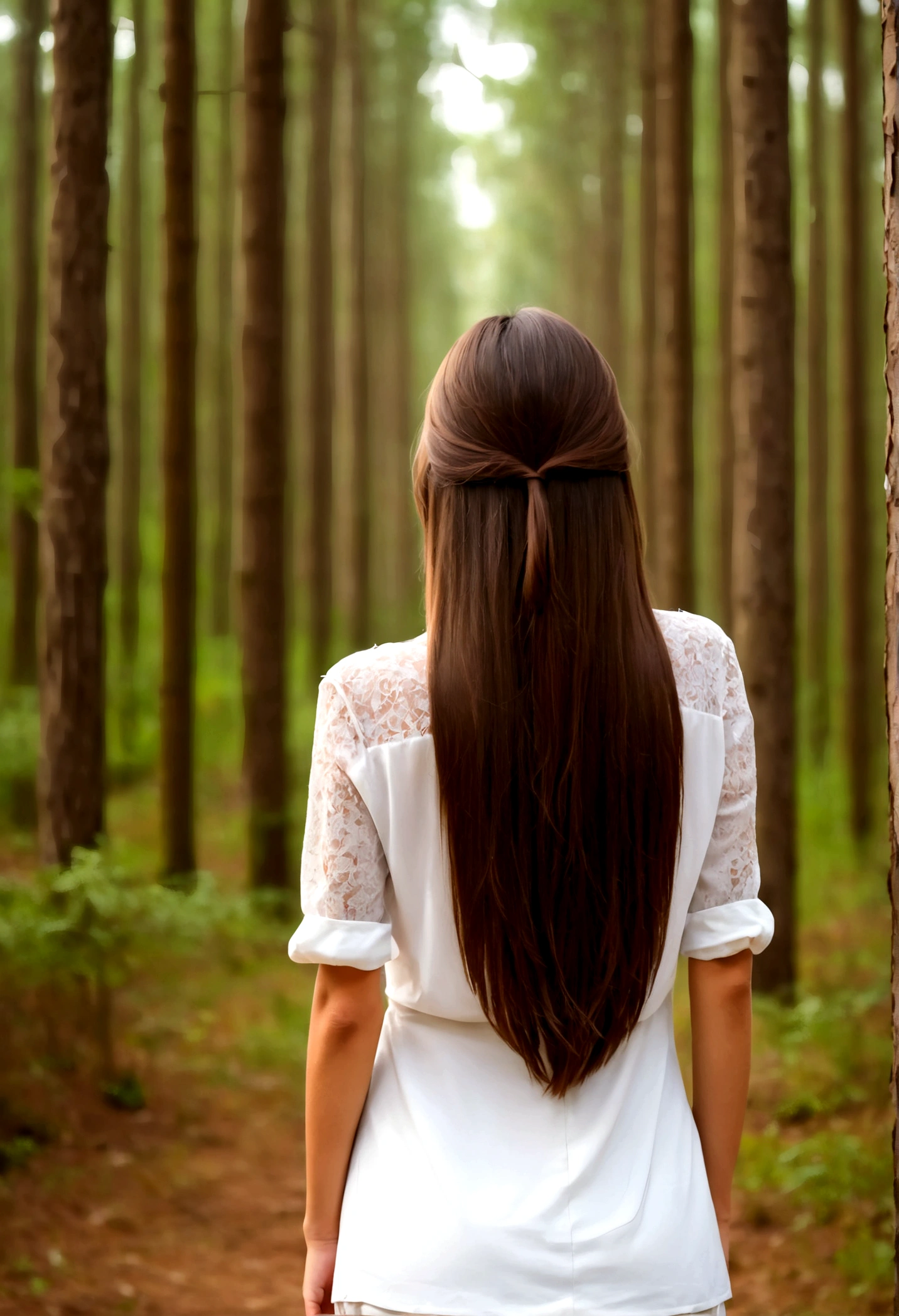 beautiful girl from behind with loose and straight brown hair in front of a forest