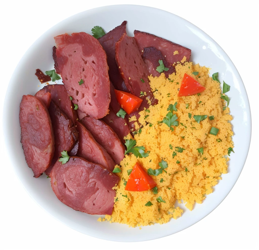 plate of food with sliced pepperoni and brazilian manioc flour, photo realistic, 4k, real plate, white plate, good quality, hd, brazilian food, brazilian farofa, parsley