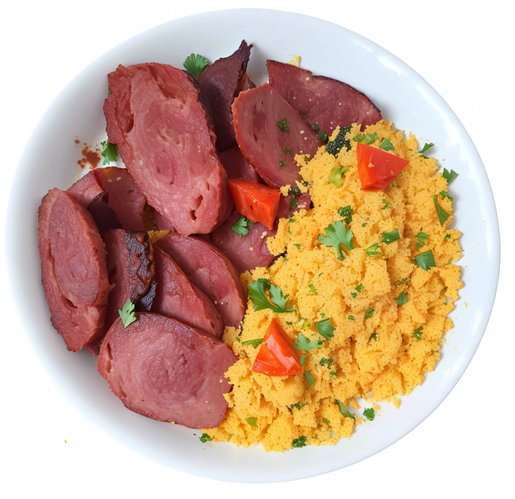 plate of food with sliced pepperoni and brazilian manioc flour, photo realistic, 4k, real plate, white plate, good quality, hd, brazilian food, brazilian farofa, parsley