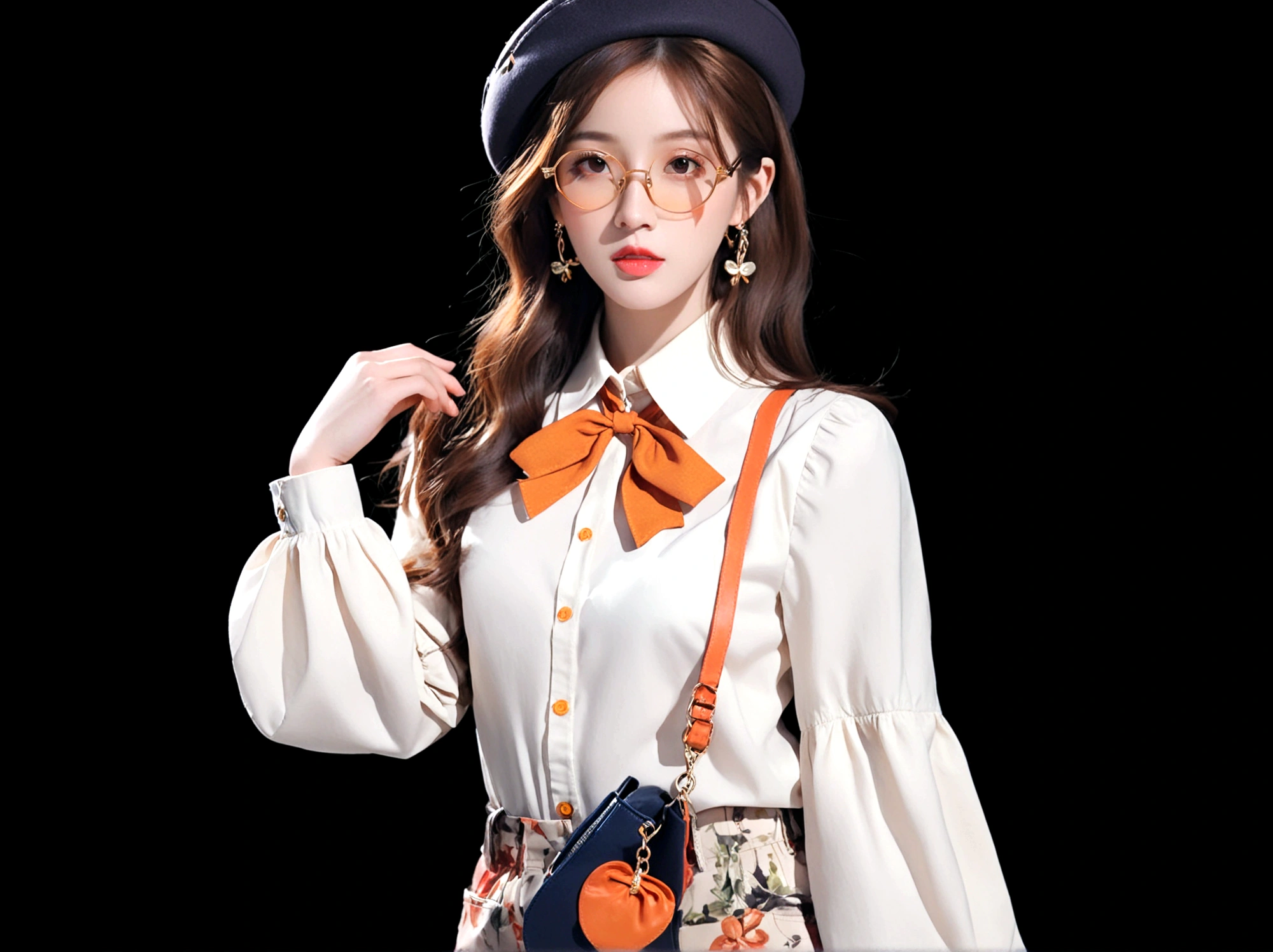 1girl, solo, long hair, looking at viewer, simple background, brown hair, shirt, long sleeves, hat, bow, jewelry, white shirt, upper body, earrings, glasses, bag, lips, head tilt, beret, black background, orange bow, round eyewear