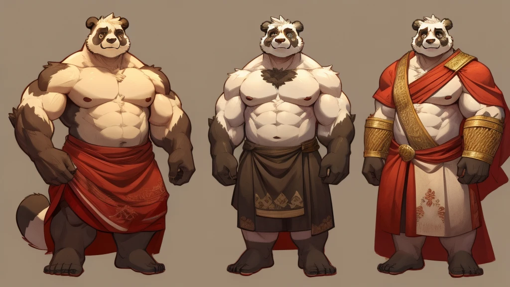 furry, (((panda))), dressed in roman clothes, bare chest, fluffy chest, wearing a red toga, white fur, big body, male, mature, full body, muscular, big biceps, big arms, reveal clothes, character concept art, simple background