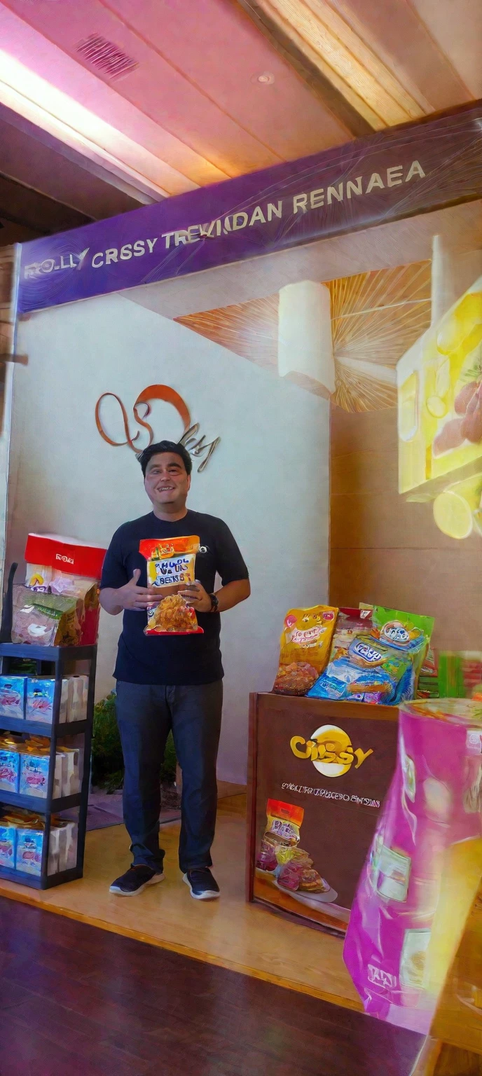 arafed man standing in front of a display of food, crispy quality, by Robbie Trevino, backdrop, ready to eat, ramil sunga, product, by Ren Renfa, leaked image, not blurry, by Andrée Ruellan, cheesy, soey milk, by Károly Kisfaludy, slightly blurred