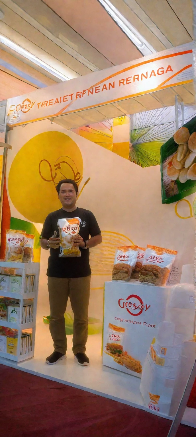 arafed man standing in front of a display of food, crispy quality, by Robbie Trevino, backdrop, ready to eat, ramil sunga, product, by Ren Renfa, leaked image, not blurry, by Andrée Ruellan, cheesy, soey milk, by Károly Kisfaludy, slightly blurred