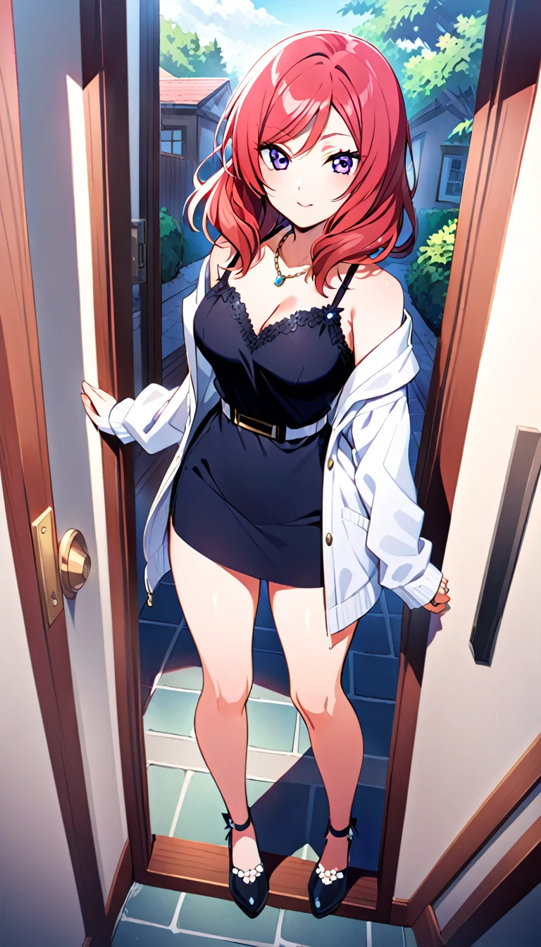 When viewers open the front door to their homes, they see a girl dressed for going out on the town in midsummer, the full-body image of Nishikino Maki, id Nishikino Maki, standing there.