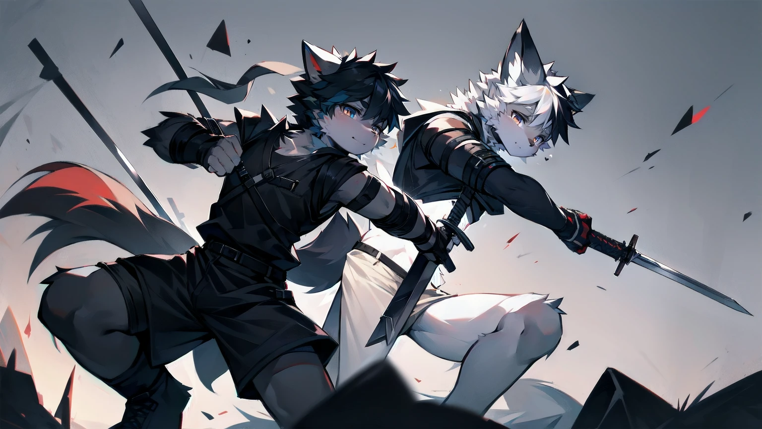 White Wolf，Black Hair，Red Eyes，Wolf ears，Wolf tail，juvenile，male，hairy，hair，Half-body armor，Combat uniform，Silver and black clothes，Handsome，Handsome，shorts，Forearm exposed，leg，Fighting Stance，duel，Two people，anxious，Holding a sword，Simple background，sword