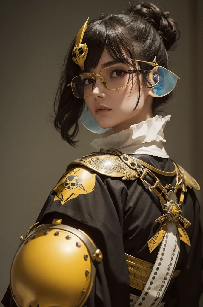 Character with a poket on his head with a pair of Juliet glasses on top of the poket, a yellow tinted breastplate and a skull