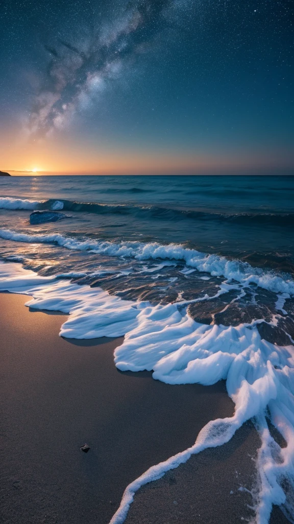 Create another wide 16:9 image of a starry night by the seaside with a bright moon in the sky. The scene should feature a beautiful shoreline with gentle waves, illuminated by the soft glow of countless stars and a radiant moon. The moon and stars should reflect on the calm surface of the water, creating a magical and serene atmosphere. The colors should be rich and deep, capturing the peaceful and enchanting beauty of a moonlit beach at night.
